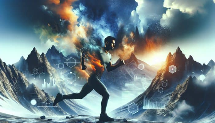 Athlete training at high altitude, demonstrating resilience amidst rugged mountains and harsh weather.