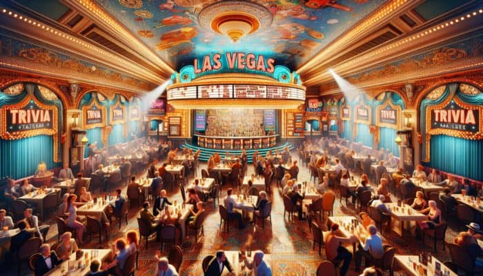 A vibrant Las Vegas daytime scene at a cozy trivia bar with enthusiastic patrons and colorful decor.