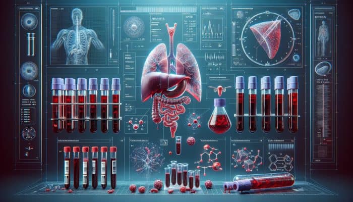 Illustration of liver blood test with vials, liver diagram, and graphs of protein, enzyme, bilirubin levels in a clinical setting.