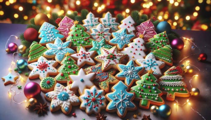 Colourful sugar cookies in festive shapes like stars, trees, and snowflakes, adorned with vibrant royal icing on a holiday table.