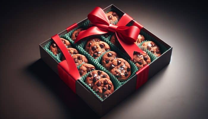 A box of double chocolate chip cookies featuring gooey centers, crispy edges, and sprinkled with sea salt, elegantly tied with a red bow.