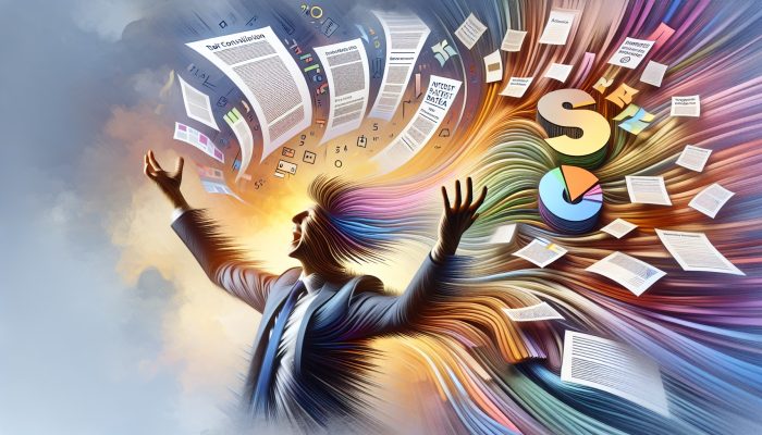 A relieved individual amidst symbols of debt consolidation: merged documents, reduced interest rates, and a journey towards financial freedom.