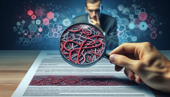 A magnifying glass scrutinising a loan document with hidden fees highlighted in red, a concerned individual reviewing financial charts.