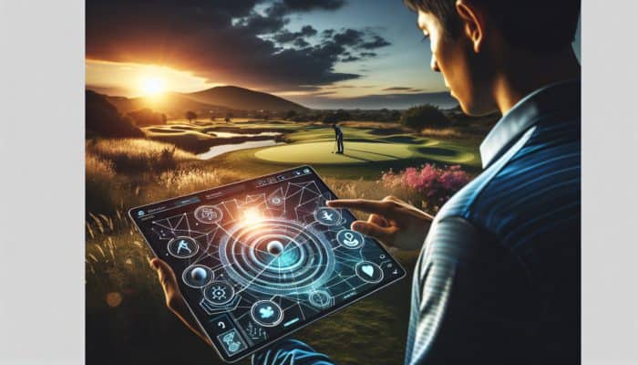 Golfer using an advanced app on a tablet to analyze South African course layout during sunset.