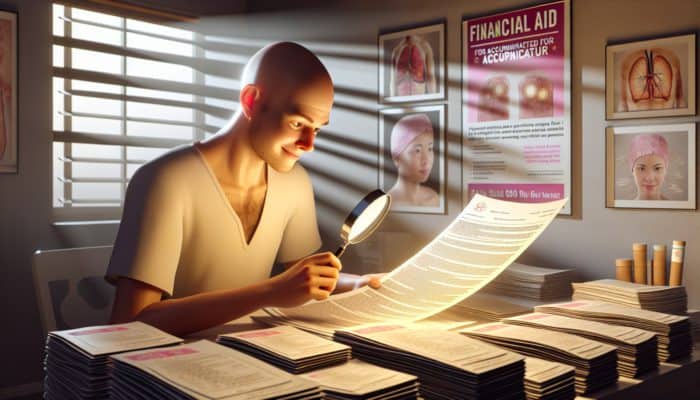 A hopeful cancer patient reviews insurance policy details and charity brochures for acupuncture funding.