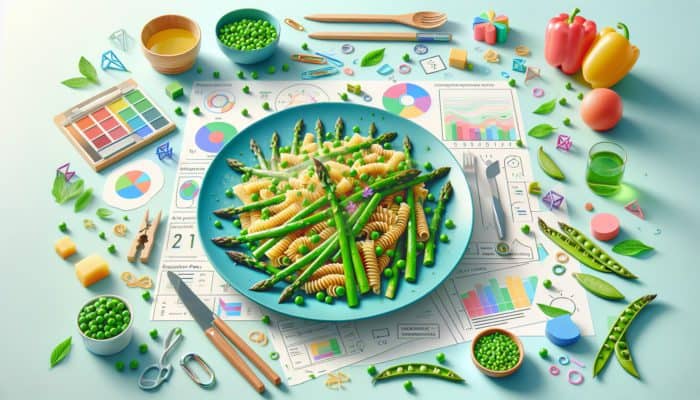 A vibrant spring pasta dish with sautéed asparagus and steamed garden peas on a colourful table.