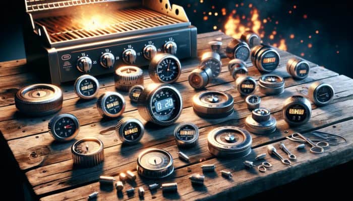 Various grill timers displayed on a wooden table: mechanical with dials, digital with countdown features and magnetic backs, adjacent to a lit barbecue grill.