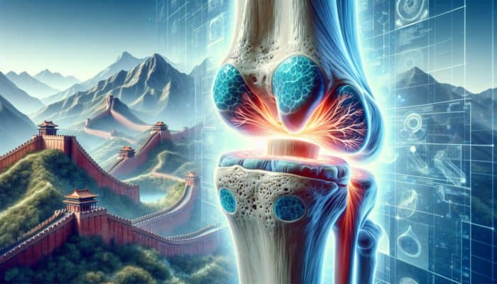 Cross-section of a joint illustrating collagen fibres in cartilage, tendons, and ligaments, set against the Great Wall and Andes.