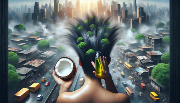 Person applying coconut oil to scalp in polluted urban setting, showcasing improved hair density and health.