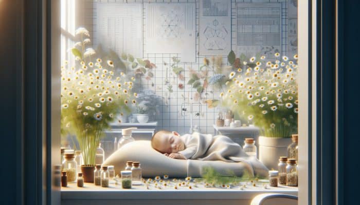 A baby peacefully sleeping in a nursery surrounded by calming chamomile and fennel plants.
