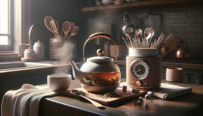 A cozy kitchen setting with a teapot of herbs, steam rising, timer, and cooling container for ensuring baby's safety.