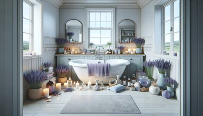 A tranquil UK bathroom showcasing lavender products such as oils, candles, and bath salts surrounding a relaxing bathtub.
