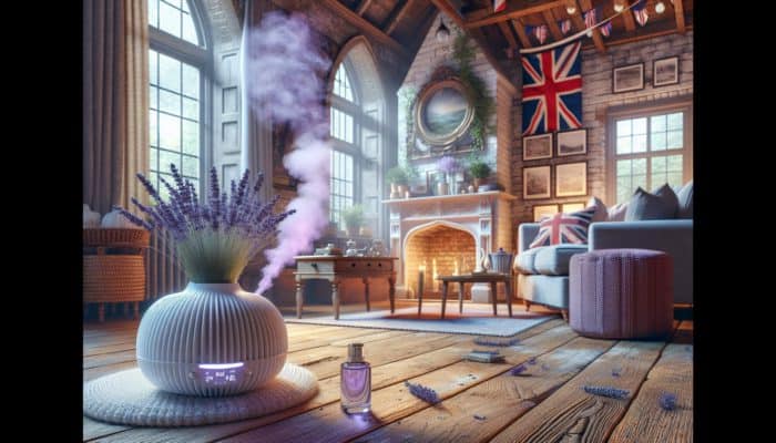 A diffuser dispersing lavender essential oil in a cosy UK living room, creating a calming purple mist.