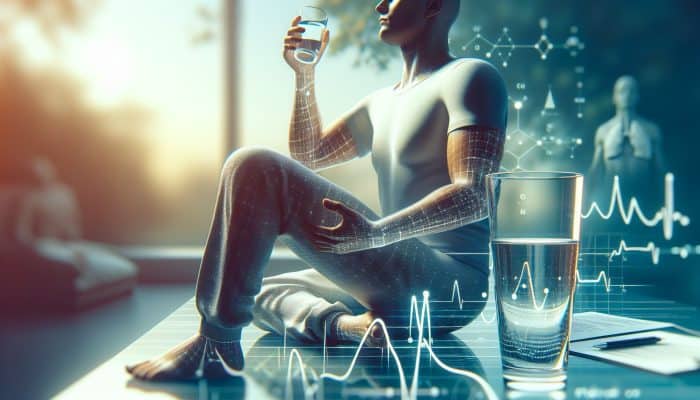 Person fasting for cholesterol test, calmly drinking water in a serene morning setting.