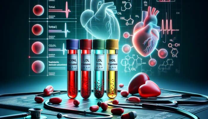 Cholesterol Blood Test in Luton: Illustration of a cholesterol blood test with labelled vials and a heart diagram.