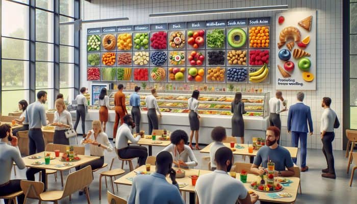 A bustling UK office cafeteria featuring diverse food choices, including salads, fruits, and pastries, alongside wellness posters.