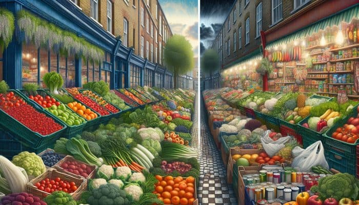 Affluent UK neighbourhoods featuring fresh produce markets versus food deserts characterised by processed foods in lower socioeconomic areas.