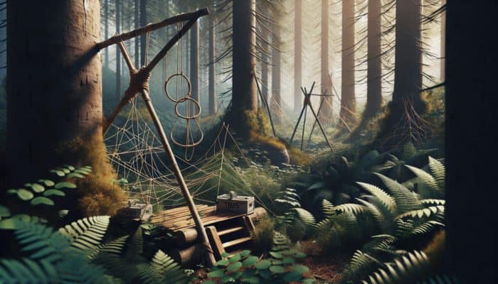 A wilderness scene featuring various DIY survival traps, including twine snares and gravity-powered deadfall traps, nestled among trees and underbrush.
