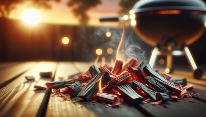 Smouldering cherry wood chips on a rustic grill at sunset, enhancing meat flavor with sweet smoke.