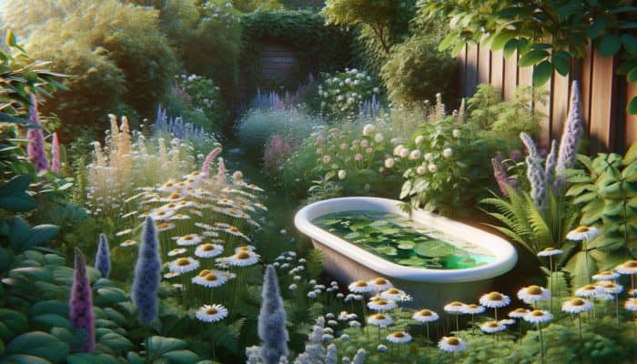 A serene UK garden with labeled chamomile, calendula, oat straw, and licorice root beside a soothing herbal bath.