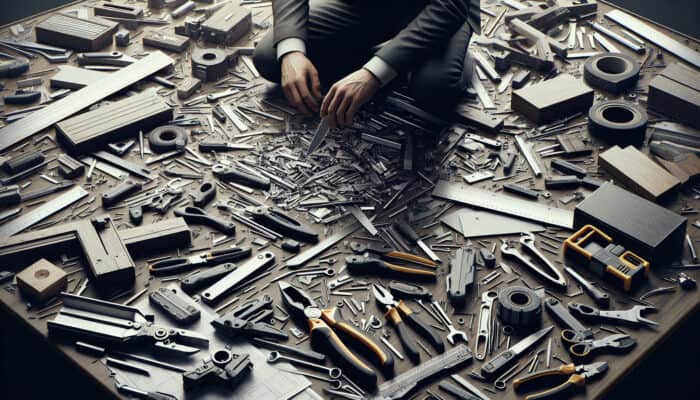 A person selecting multi-purpose tools on a cluttered table, with dismantled furniture and a utility knife.