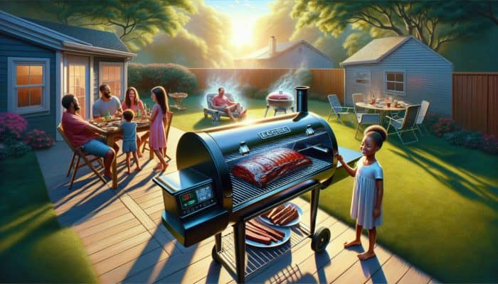 A modern electric smoker on a sunny American backyard patio, smoking ribs and brisket, with a family relishing the BBQ.