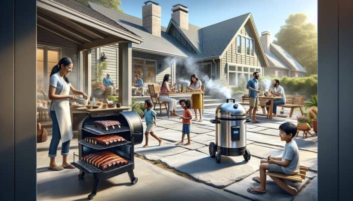 Electric smoker on patio smoking ribs, family playing nearby, showcasing time-saving BBQ convenience.