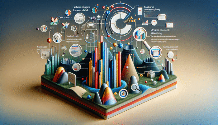 Digital landscape showing content creators optimizing for zero-click searches with smart devices and structured content.