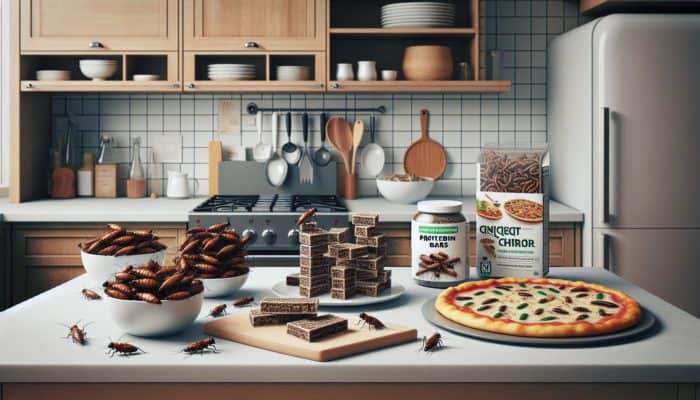 Modern kitchen scene with insect-based snacks and dishes like pasta and pizza with mealworms, showcasing insect integration into everyday meals.