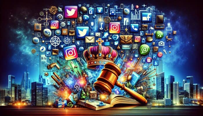 Vibrant social media icons with authoritative symbols against a city skyline at night.