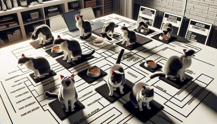 Cats demonstrating hissing and arching behaviours over food and space, indicative of territorial aggression in a multi-cat environment.