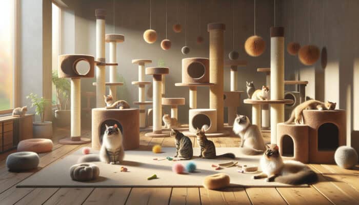 A tranquil setting featuring cat towers, posts, and toys, where multiple cats coexist peacefully and engage in play.
