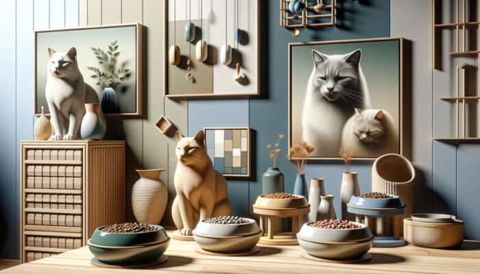 Comfortable home featuring multiple distinct cat feeding stations, each with unique bowls, promoting tranquillity.