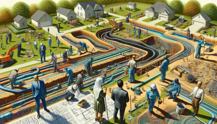 Workers assessing site, designing and installing drainage system, with homeowners observing and discussing.