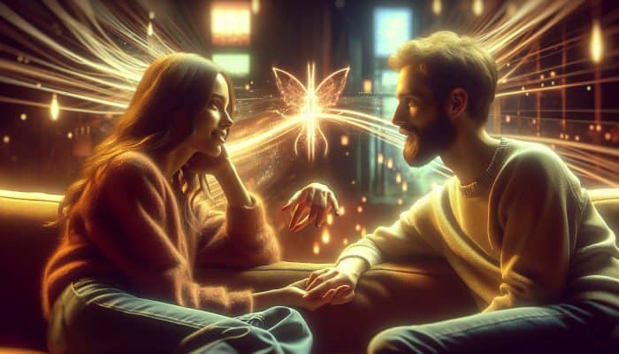 A couple on a cozy couch, hands intertwined, in soft lighting, symbolising closeness.