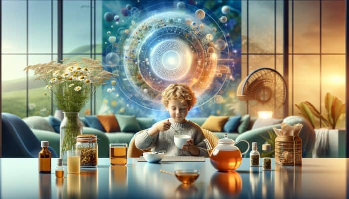 Child enjoying chamomile tea with organic tea bags, extracts, and oil in a cozy UK home.