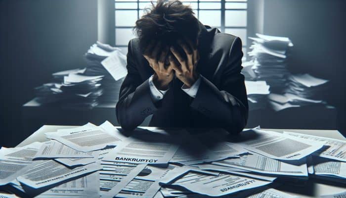 Busting the Debt Consolidation Bankruptcy Myth | DCL A distressed person at a cluttered desk with legal documents and financial statements, under harsh lighting, symbolising bankruptcy in the UK.