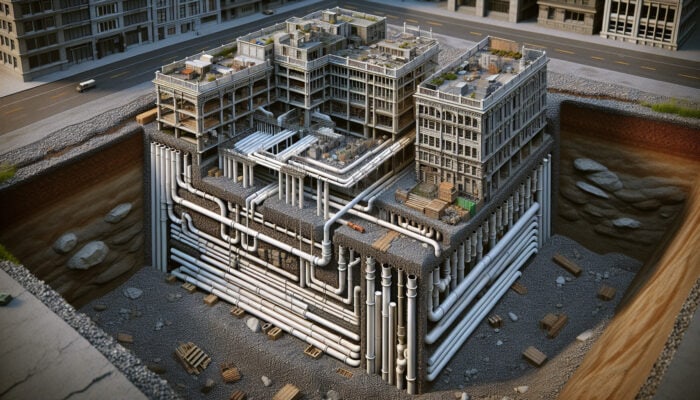 Perimeter Drainage Services in Chilliwack: Cross-section of a building foundation in Chilliwack with a perimeter drainage system managing heavy rainfall.