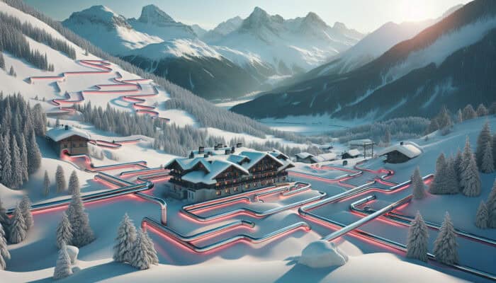 A mountain hotel in Whistler featuring insulated, heat-traced pipes in a snowy landscape with rugged peaks.