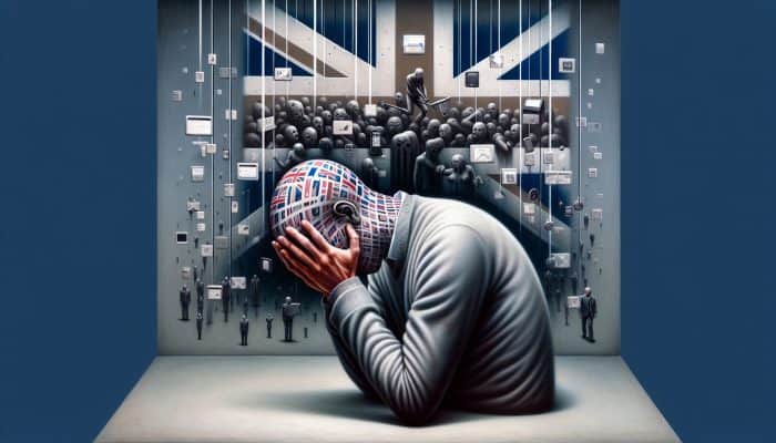 Overcoming Debt Shame With Consolidation Loans: UK Guide | DCL Overcoming Debt Shame With Consolidation Loans: A person in the UK, head bowed, surrounded by societal pressures and financial statements, feeling trapped and embarrassed.