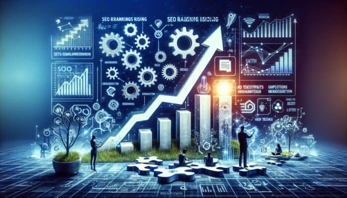 Creating SEO-Friendly Video Transcripts: SEO rankings rising on a digital screen with video transcripts turning into searchable text, improving content visibility.