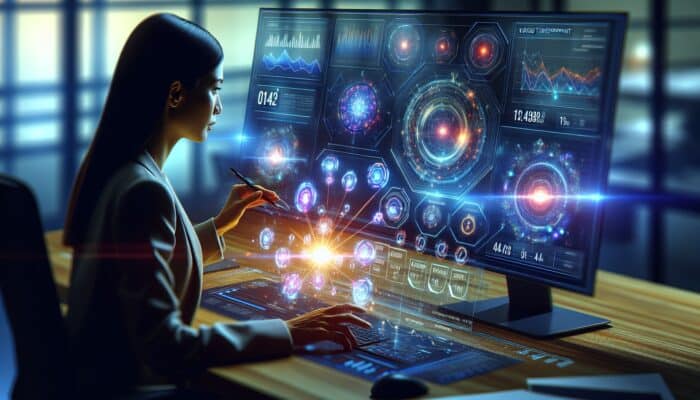 A digital dashboard in a modern office showing increased SEO metrics post-video transcript implementation, analysed by an analyst.