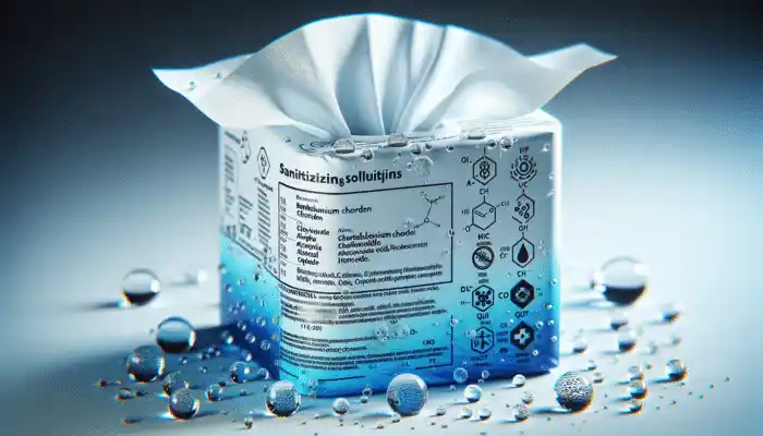 Medical tissue wipes with sanitising solution droplets eradicating germs on a clinical surface.