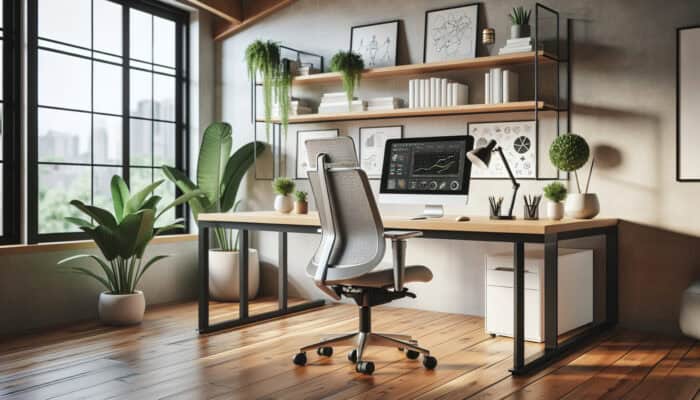 A contemporary home office setup featuring an adjustable chair, desk, and eye-level monitor, surrounded by plants.