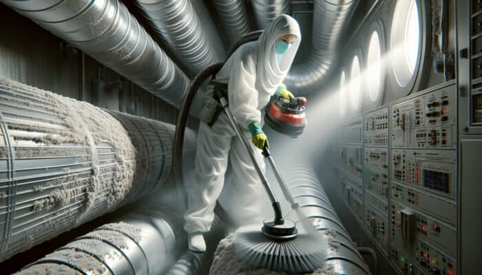 Technician cleaning ductwork with rotary brushes and vacuum, followed by applying sanitising spray.