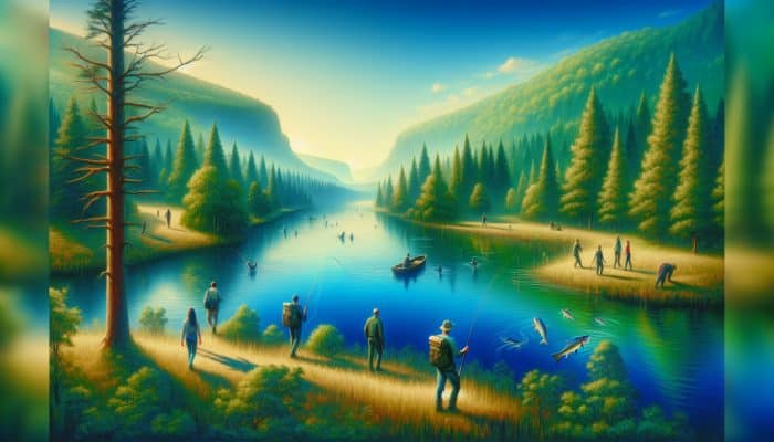 Outdoor Activities for Mental Health: A serene landscape featuring lush green forests and calm blue waters, perfect for relaxing outdoor activities like hiking and fishing.