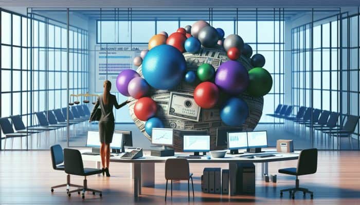 Infographic illustrating UK debt consolidation with charts, individual managing debts, and a unified loan in a modern office.