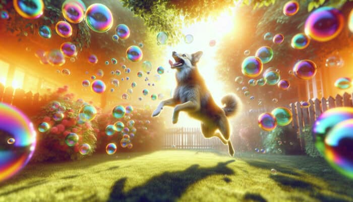 Bubble Chasing for Outdoor Pet Fun: A dog joyfully leaping and snapping at colourful bubbles in a sunlit garden, showcasing agility and excitement.