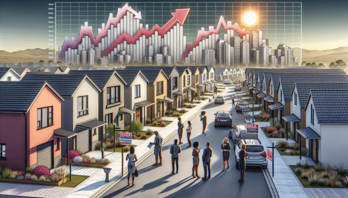 A bustling Vryheid street with modern, affordable homes, eager first-time buyers, and economic graphs.