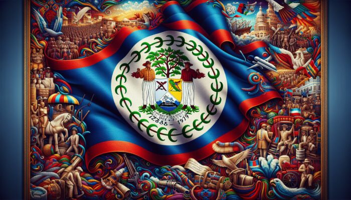 Belize flag symbolising independence and cultural diversity, with historical elements from 1840 to 1990.